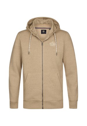 Sweat à capuche beige à fermeture éclair, fabriqué en tissu texturé. Comprend une capuche à cordon, des poches avant et un logo sur la poitrine.
