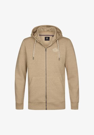 Sweat à capuche beige à fermeture éclair, fabriqué en tissu texturé. Comprend une capuche à cordon, des poches avant et un logo sur la poitrine.