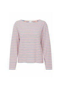 T-shirt à manches longues à rayures présentant des rayures horizontales rouges, bleues et blanches. Fabriqué en coton doux avec un large col et un design à épaule tombante.