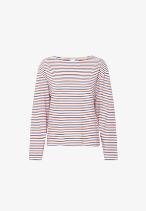 Langsleeve gestreept shirt met horizontale rode, blauwe en witte strepen. Gemaakt van zachte katoen met een wijde halslijn en een drop shoulder ontwerp.