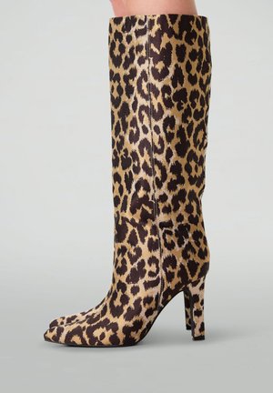 Leopard-print knee-high boot with a pointed toe, crafted from textured fabric, featuring a stiletto heel and sleek silhouette.