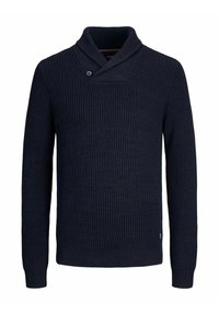 Pull en tricot côtelé bleu marine à manches longues, col châle et fermeture à un bouton sur le côté gauche avant.