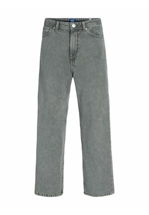 Jean en denim gris à coupe droite avec fermeture par bouton et zip, poches avant et arrière, et passants pour ceinture, étalé à plat sur fond blanc.