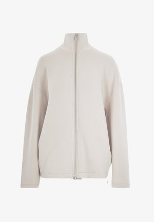 Jacket bege claro com fecho éclair, colarinho alto, ombros caídos e mangas longas. Tecido suave, design minimalista, com um fecho éclair prateado.