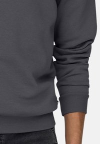 Grau Baumwoll sweatshirt mit gerippten Bündchen und Saum, mit lockerer Passform und glatter Textur, die teilweise den Unterarm zeigt.