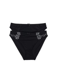 Set di biancheria intima bikini nera in cotone, caratterizzato da ricami floreali, dettagli in pizzo e piccoli fiocchi sulla vita. Texture liscia e vestibilità elastica.