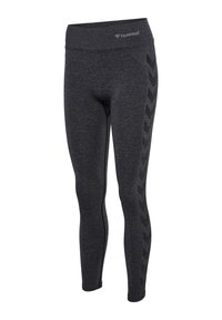 Bezszwowe legginsy w ciemnoszarym kolorze z wzorem jodełki po bokach i logo Hummel na pasku, zaprojektowane do odzieży sportowej.