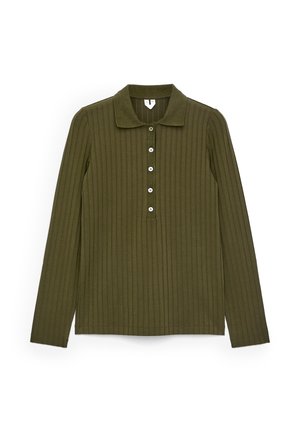 Olive green ribbed long-sleeve polo shirt with a collar and five small white buttons down the front.