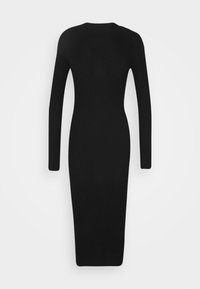Schwarzes, geripptes Strickkleid mit langen Ärmeln, taillierter Silhouette, knielang, rundem Halsausschnitt, strukturiertem Stoff, minimalistischem Design und ohne Muster.