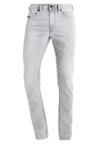 Ljusgrå denimjeans med smal passform, med traditionell femficksdesign, knappknäppning och subtila sömnadsdetaljer.