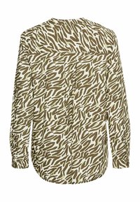 Lange mouw shirt in een lichte crèmekleur met een abstract olijfgroen en bruin dierenprint; heeft een achterste yoke en een gebogen zoom.