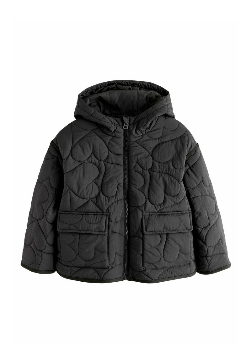 Veste matelassée noire avec capuche, ornée d'un motif en forme de cœur, deux poches avant et une fermeture éclair à l'avant. Tissu doux et texturé.
