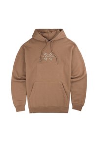Sweat à capuche marron en tissu mélange de coton. Comprend une poche kangourou, une capuche avec cordon de serrage, et un logo central orné d'accents de feuilles.