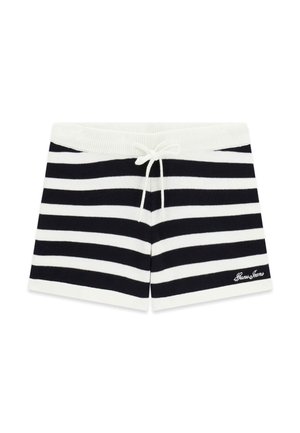 Schwarz-weiß gestreifte Strickshorts mit weißem Kordelzug am Bund und "Guess Jeans"-Logo unten rechts.