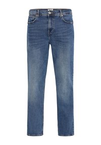 Jean en denim dans un délavage bleu moyen, avec une coupe droite, un design à cinq poches et des coutures contrastées. Fermeture à bouton à la taille.