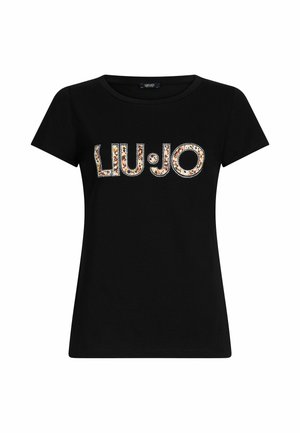 T-shirt nera a maniche corte con la scritta "LIU·JO" in caratteri decorativi con accenti colorati e scollatura a girocollo.