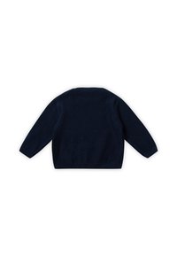 Maglione lavorato a maglia blu navy, maniche lunghe, scollo rotondo, tessuto testurizzato, colore unito, senza motivi visibili, taglio dritto all'orlo.