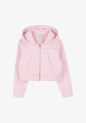 Sweat à capuche court rose en matière douce, doté d'une fermeture éclair à l'avant, de deux poches avant et d'un détail logo argenté.