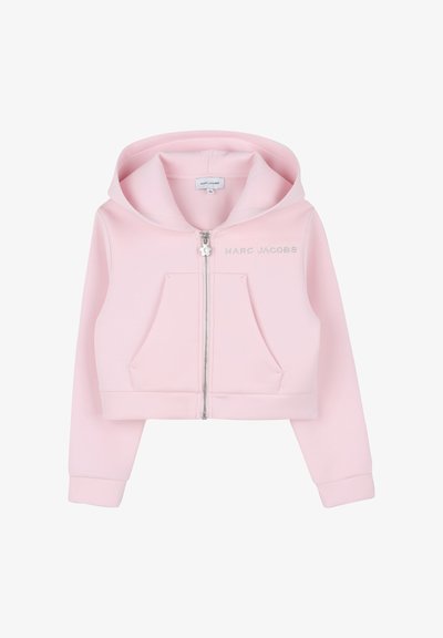 Roze verkorte hoodie van zacht materiaal, met een ritssluiting aan de voorkant, twee voorzakken en een logodetail in zilver.
