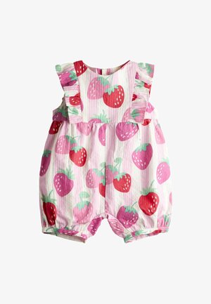 Baby romper med lyserødt og rødt jordbærprint, flæseærmer og elastiske benåbninger på en lys baggrund.
