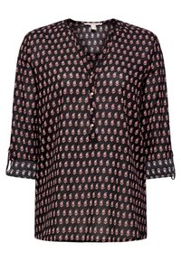 Schwarze Bluse mit langen Ärmeln und kleinem rosa Blumenmuster, durchgehend geknöpfter Vorderteil und hochgekrempelte Ärmel mit Knopflaschen.