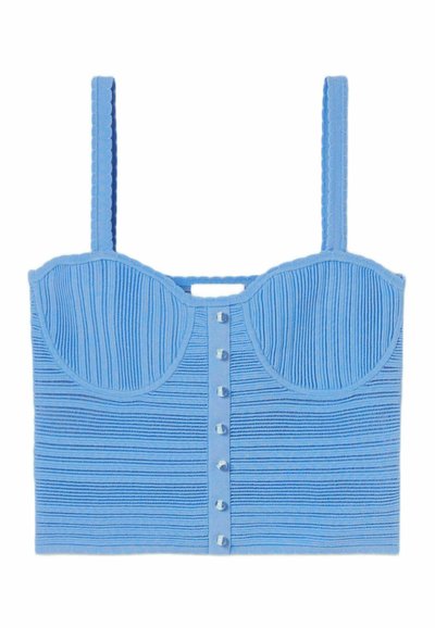 Top corto blu a coste con scollatura a cuore, spalline regolabili e chiusura frontale con bottoni. Presenta righe orizzontali e una consistenza liscia.