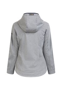 Giacca grigia a maniche lunghe con cappuccio, caratterizzata da una texture liscia, pannelli laterali e un orlo arrotondato. Include un logo sulla manica sinistra.