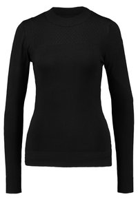 Musta pitkähihaisen neulepusero, jossa pyöreä kaula-aukko, teksturoitu paneeli yläosassa edessä sekä resorit hihansuissa ja helmassa. Pehmeä materiaali.