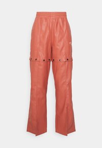 Orange faux leather pants with an elastic waistband, wide legs, and snap button accents on the sides. Flat front and back design.
