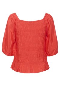 Blusa rossa arricciata con scollatura quadrata, maniche a sbuffo e orlo arricciato. Realizzata in tessuto leggero con una superficie liscia.