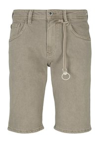 Shorts en denim beige à coupe droite, dotés d'un cordon de serrage, de cinq poches, d'une fermeture à bouton métallique et d'un ourlet cousu.