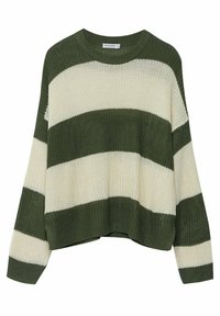 Knit sweater featuring wide olive green and cream stripes, a round neckline, and a relaxed fit with dropped shoulders. Textured fabric.