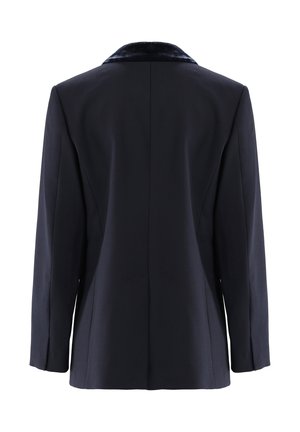 Marineblazer mit Samtkragen, taillierte Passform, lange Ärmel und Rückennähte. Glatter Stoff, gerader Saum und minimalistisches Design.