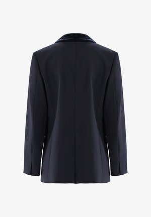 Marineblazer mit Samtkragen, taillierte Passform, lange Ärmel und Rückennähte. Glatter Stoff, gerader Saum und minimalistisches Design.