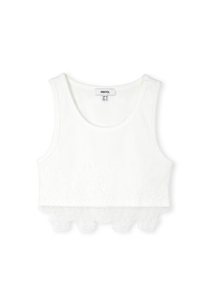 Witte cropped tanktop van zachte stof, met een kantafwerking aan de zoom met bloemenpatronen. Ronde halslijn en mouwloos ontwerp.