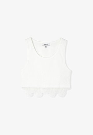 Witte cropped tanktop van zachte stof, met een kantafwerking aan de zoom met bloemenpatronen. Ronde halslijn en mouwloos ontwerp.