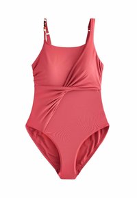 Maillot de bain une pièce rouge avec un détail de tissu torsadé à la taille et des bretelles réglables, dont une ornée de perles en bois.
