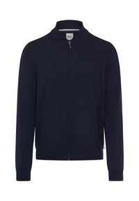 Mørkeblå zip-up jakke med ståkrave, sidelommer og ribbede manchetter. Glat stof med et minimalistisk design.