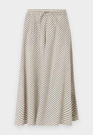 Falda a rayas en beige y gris, hecha de una tela suave. Presenta una cinturilla elástica con cordón y una silueta acampanada en forma de A.