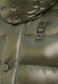 Giacca puffa verde oliva con texture lucida, caratterizzata da ampie sezioni trapuntate, colletto rotondo e un'etichetta rettangolare nera con testo giallo.