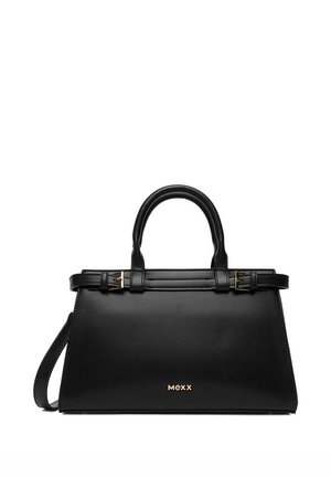 Schwarze Lederhandtasche von Mexx mit zwei Griffen, verstellbarem Schnallenriemen und goldenem Logo auf der Vorderseite vor weißem Hintergrund.