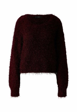 Bordeaux fuzzy cropped trui met lange mouwen, ronde halslijn en zachte, gestructureerde stof. Geen zichtbare hardware of patronen.