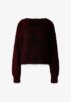 Burgundy fuzzy cropped sweater with long sleeves, round neckline, and soft, textured fabric. No visible hardware or patterns.