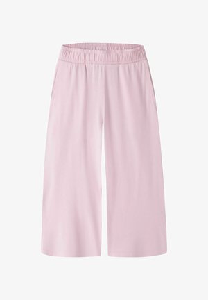 Pantalones anchos rosa claro, cortos, con cintura elástica y bolsillos laterales, exhibidos planos sobre fondo blanco.