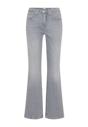 Hellblaue Jeans aus Denim mit ausgestellten Beinen, vorne mit Knopf- und Reißverschluss und klassischem Fünf-Taschen-Design.