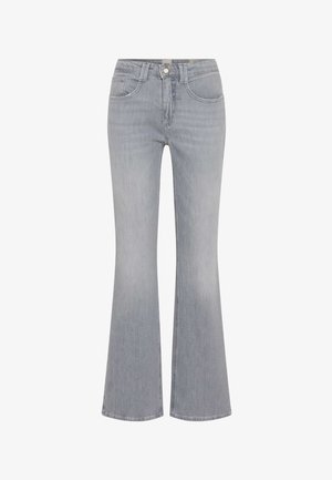 Jeans in denim azzurro chiaro con gambe svasate, chiusura frontale con bottoni e cerniera, e design classico a cinque tasche.