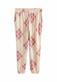 Kreminiai treningai su rožiniu deimantų raštu, elastinga juosta, reguliuojama raišteliu ir šoninėmis kišenėmis. Apykaklės ties kulkšnimi.