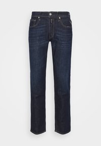 Vaqueros de denim azul oscuro con un diseño de pierna recta, cinco bolsillos y cierre de botón. Presenta costuras sutiles y un corte clásico.