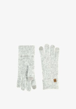Graue gestrickte Handschuhe mit gerippten Bündchen, die ein strukturiertes Muster und ein kleines Logo-Patch im Handgelenkbereich aufweisen.