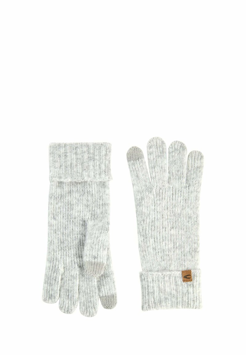 Grijze gebreide handschoenen met geribde manchetten, voorzien van een gemêleerd patroon en een klein logopatch op het polsgedeelte.